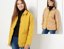Isaac Mizrahi Gold Yellow & Floral Reversible Quilted Barn Jacket New Coat