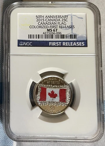2015 CANADA 25 CENT 50TH ANNIVERSARY COLOR FLAG NGC MS67 FIRST RELEASES BLUE
