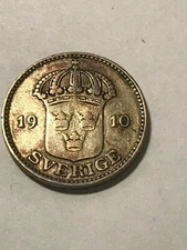 1910 Sweden 25 Ore Silver Fine #17721