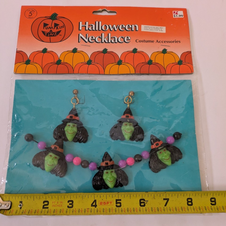 Vintage Plastic Wicked Witch Head Halloween Clip On Earrings Necklace vintage-plastic-wicked-witch-head-halloween-clip-on-earrings-necklace