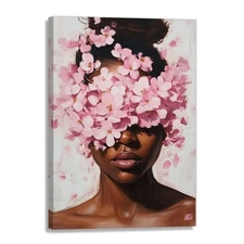 Black Woman Wall Art Pink Black Girl With Floral Paintings African Canvas Pri...