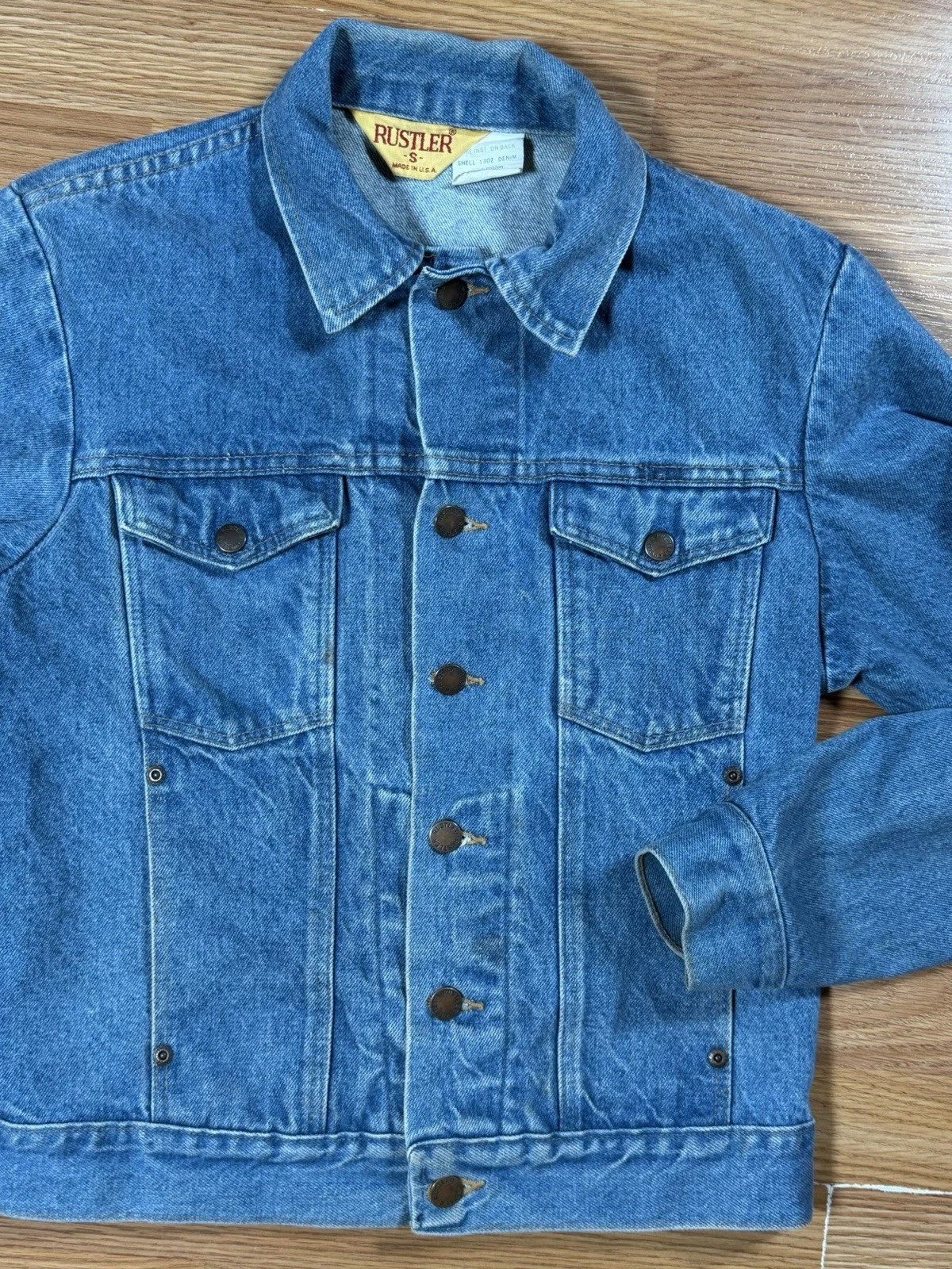VTG Wrangler Rustler Blue Denim Jacket Small 80s GREAT FADE & WEAR Grunge Truck