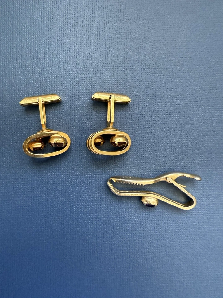 Винтажный Swank золотистый запонки и галстук застежка комплект с янтарными камнями - середины века - Изображение 3 из 4