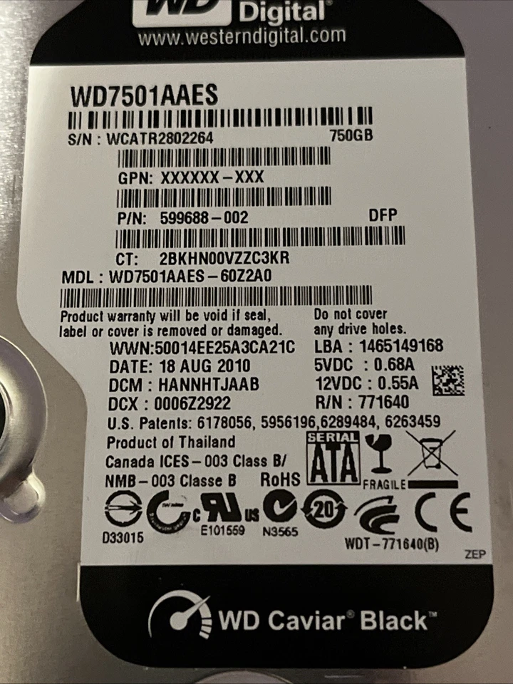 Western Digital 750GB 3.5 SATA HDD Black Caviar WD7501AAES 60z2a0 Hard Drive - Image 2 of 4
