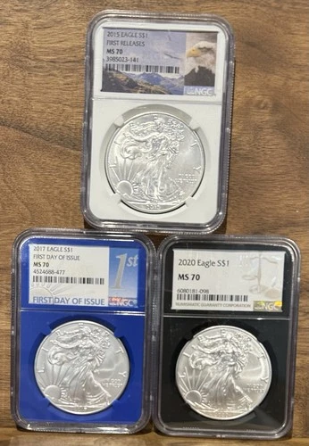 Lot of 3 American Silver Eagle NGC MS70 2015, 2017, 2020