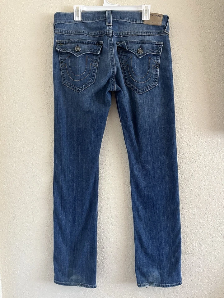 True Religion Jeans Men’s 34 Blue Denim Ricky Relaxed Straight Flap Pocket Logo - Image 2 of 4