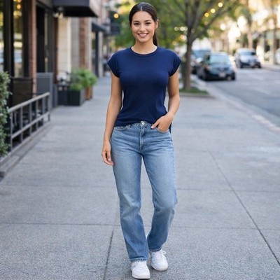 LaQuan Smith Navy Fitted Tee Minimalist Luxury Capsule Designer Basic Top SZ S