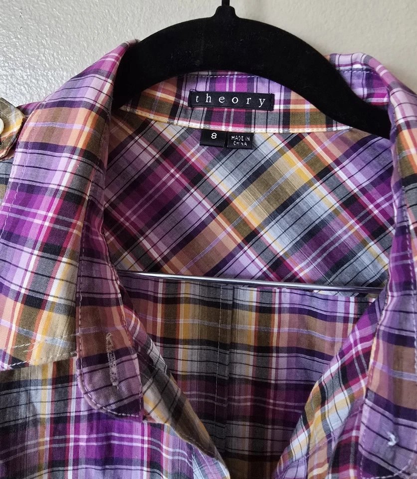 Theory Anthropologie Women's 100% Cotton Purple Plaid Shirt Dress Size 8  - Image 4 of 4
