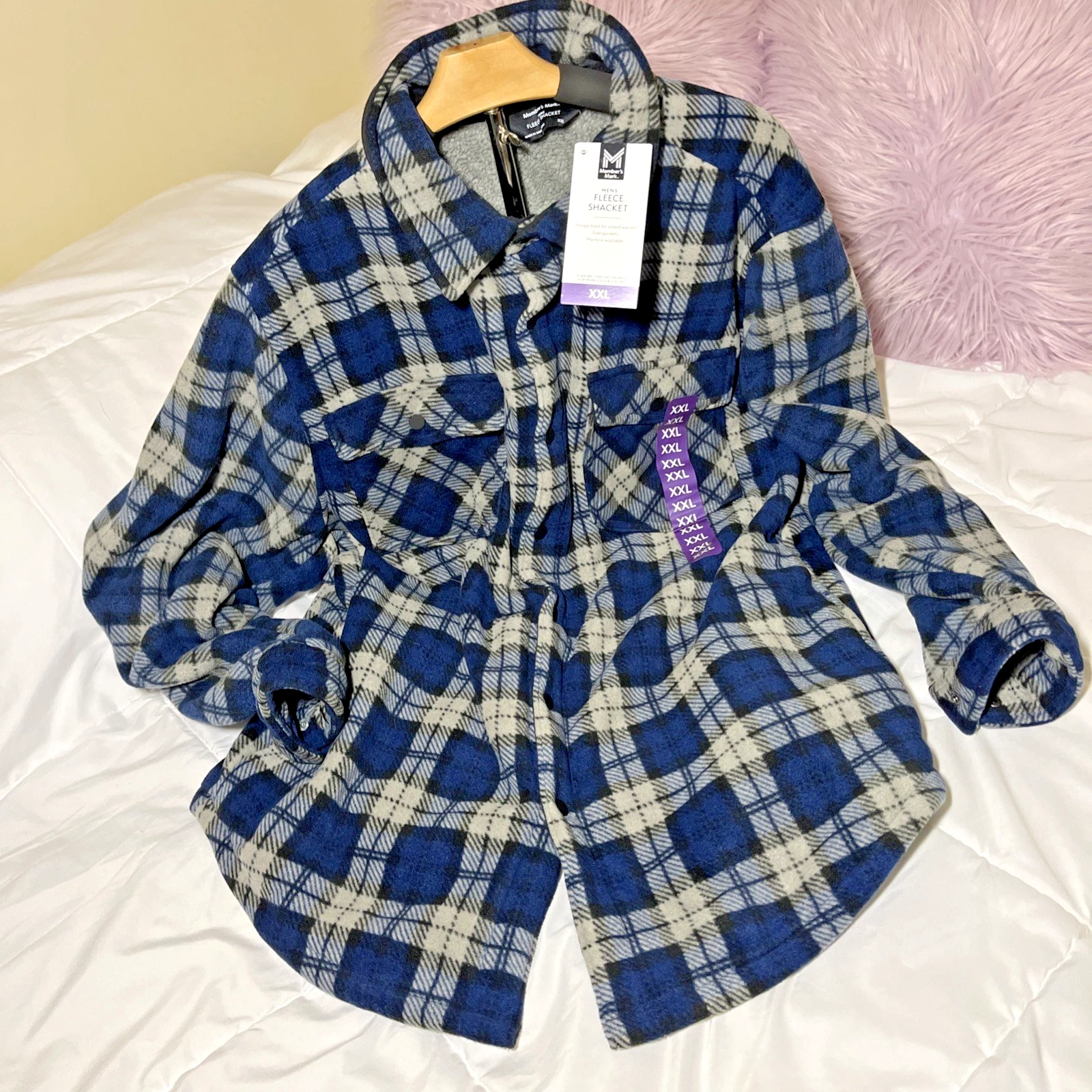 NWT Members Mark Fleece Sherpa Shacket Jacket Plaid Blue Workwear Pockets 2XL - product detail image 4