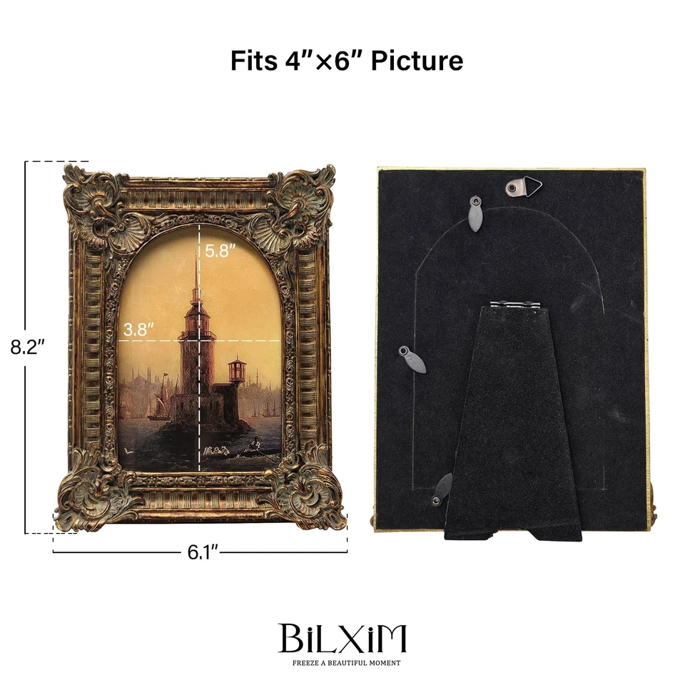 Marco de fotos vintage 4x6, marco de fotos arqueado ornamentado dorado bronce antiguo Foto 4 de 4