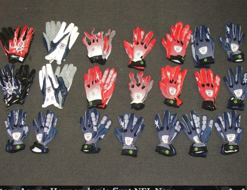 Luvas Aaron Hernandez usadas em jogos 2010 novato New England Patriots Reebok raras - Imagem 3 de 4