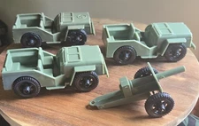 3 Vintage Tim Mee Toy Army Jeeps and 1 Cannon