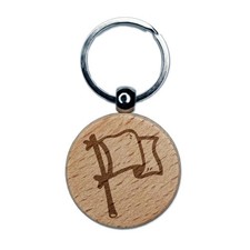 White Flag Surrender Stick Banner Engraved Wood Round Keychain Tag Charm