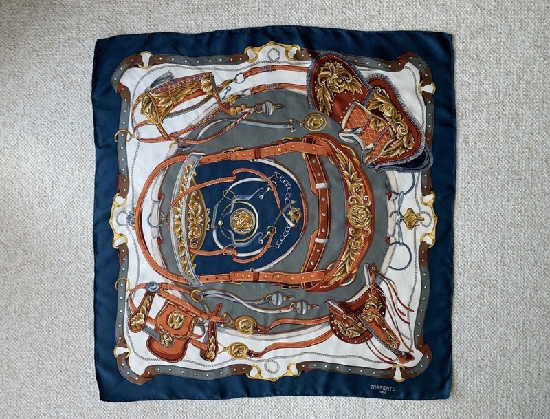 TORRENTE PARIS 100% Silk Scarf 34X 34 Inch Equestrian Design, Steel Blue