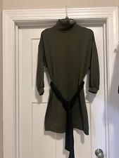 Drew Turtleneck Sweater Mini Dress Olive Green Size XS Black Tie Belt Detail