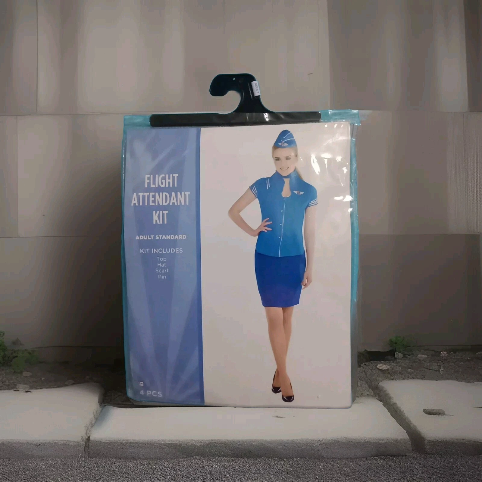 Flight Attendant Kit / Costume Adult Standard Size With Top, Hat, Scarf, And Pin