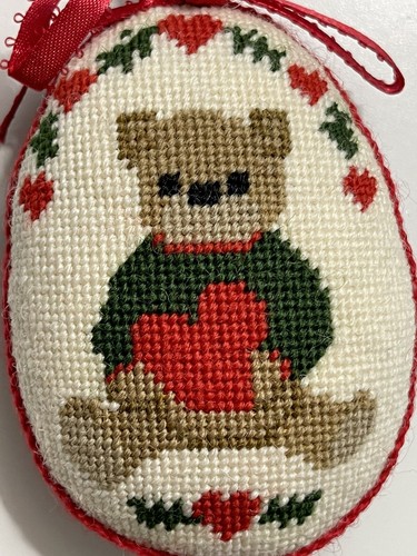 Teddy Bear Ornament Finished Needlepoint Petit Point Oval Holiday Heart W/Ribbon - Picture 2 of 5