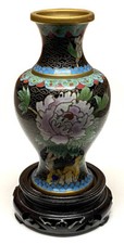 Vintage Chinese Cloisonne Vase with Stand - Peony - Oriental Cloisonne Vase