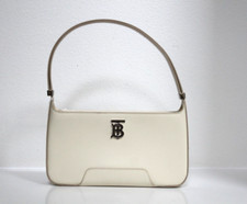 Burberry TB Logo Monogram White Leather Tote Shoulder Purse Bag