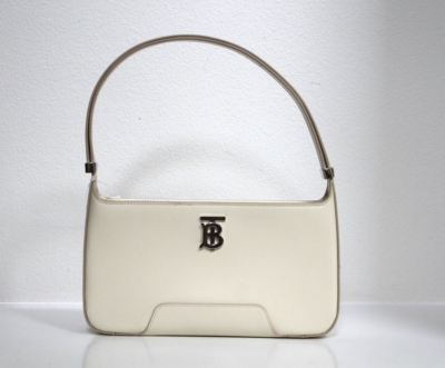 Burberry TB Logo Monogram White Leather Tote Shoulder Purse Bag | eBay