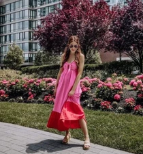 Tabitha Brown Target Dress Women Medium Linen Pink Colorblock Tie Front Midi NWT