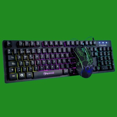 Marvo KM409 Wired Gaming Keyboard & Mouse Bundle, 7 Colour LED Backlit, USB, UK