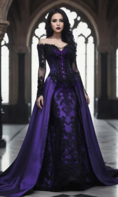 Vintage Gothic Grape Purple Wedding Dress Corset Strapless Long Sleeve  Applique | eBay