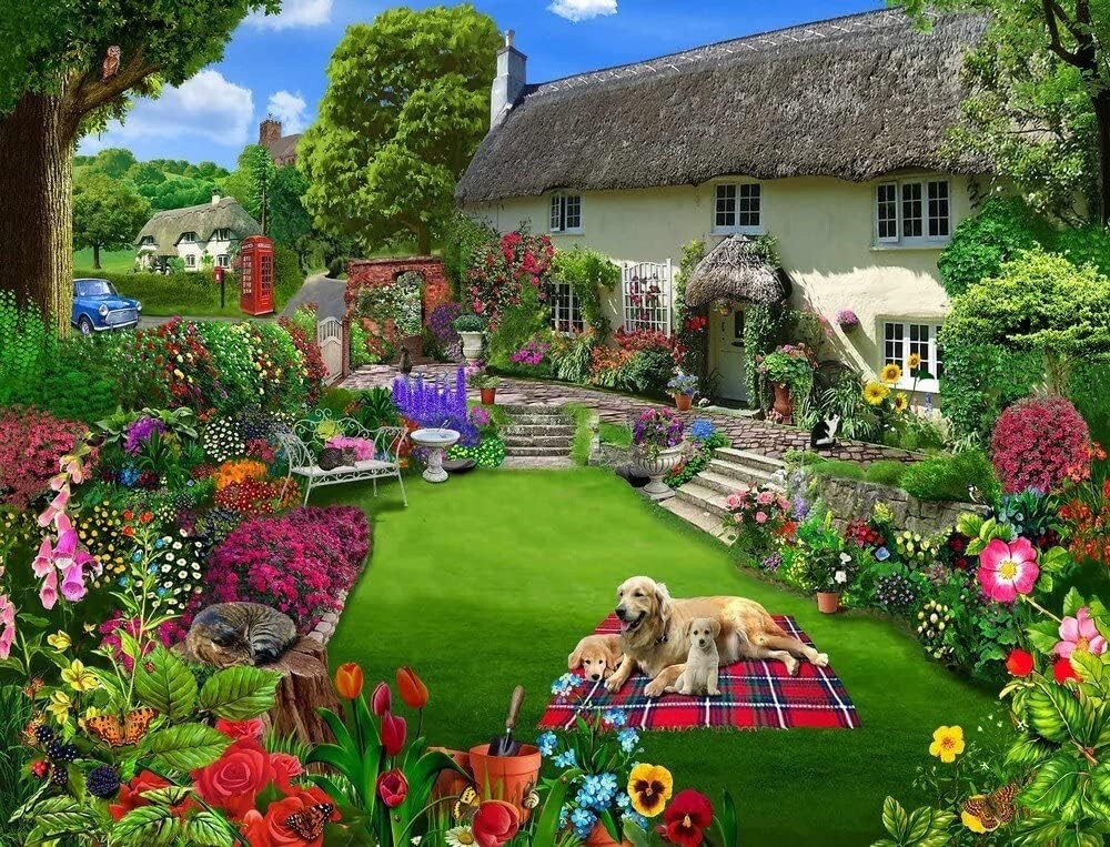 500 Piece Jigsaw Puzzles for Adults Dogs in A Cottage Garden British Artist