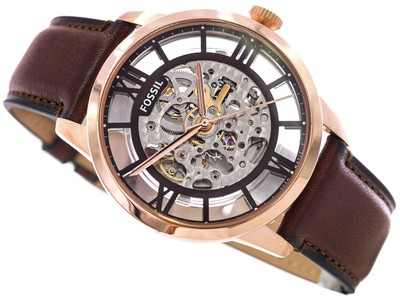 Fossil Townsman ME3259 Open Skeleton Analog Brown Leather 