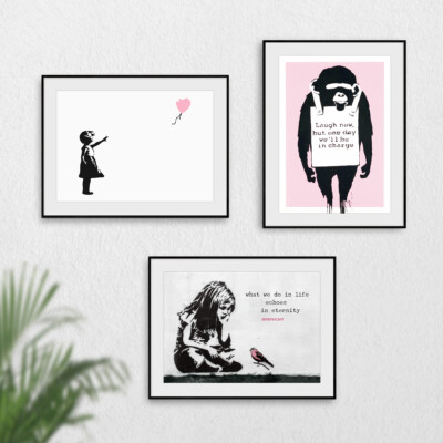 3er Set Banksy Poster Rosa Wandbilder Bilder Affe Herz Ballon Mädchen