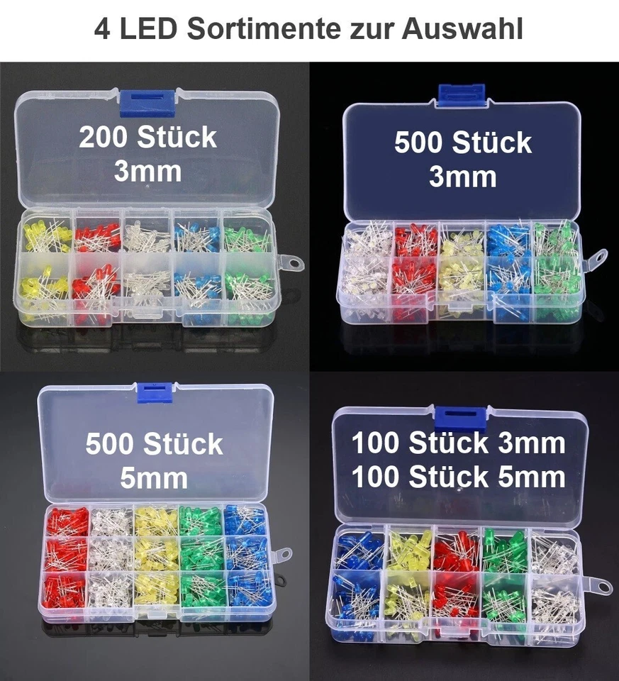 LED 3mm 5mm Sortiment 200 / 500 Stück blau gelb grün rot weiß Set LEDs farbig - Bild 2 von 4