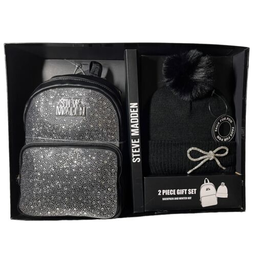 Nuovo Steve Madden 2 pezzi set regalo Bling strass zaino borsa cappello invernale nero - Foto 2 di 14