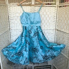 Dress190 Blue Satin Dress Black Floral Flock Size 12 UK Retro 50's Rockabilly