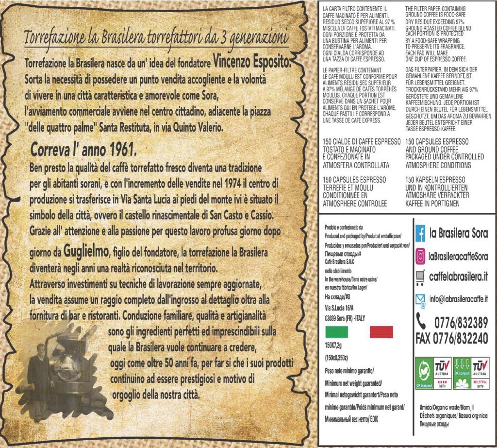 150 Arabica 100% La Brasilera Coffee Pods for ESE44 Compostable