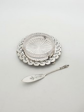 Antique Edwardian Butter Dish with Cut Glass Liner and Spreader – circa 1905