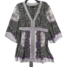 INC International Concepts Tunic Womens 14 Black Purple Silk Boho Paisley Top