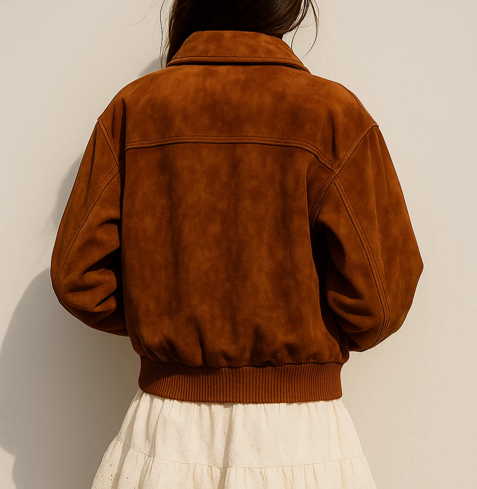 Abrigo Chaqueta Informal Estilo Bombardero Gamuza Cuero de Oveja Genuino Hecho a Mano para Mujer Foto 4 de 4