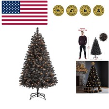 4.5ft Pre-lit Halloween Black Spruce Artificial Hinged Christmas Pine Tree Pr...