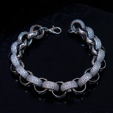 925 Sterling Silver Layered Belcher Bracelet 12mm Width 9" Length Cz Adjustable