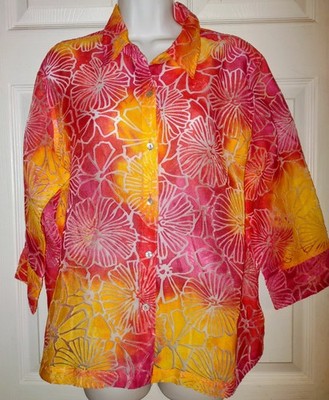 NOTATIONS Vibrant Yellow, Hot Pink, And Orange Sheer 3/4 Sleeve Blouse...