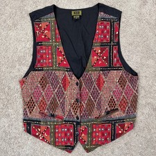 Vintage A. J. Vest Womens M Red Beaded Embroidered Bohemian 90s Tribal Patchwork