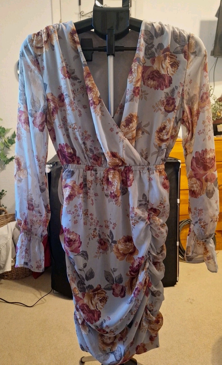 Women's Maurices V Neck Wrap Styly Midi Dress Log Sleeves Floral Print Size S