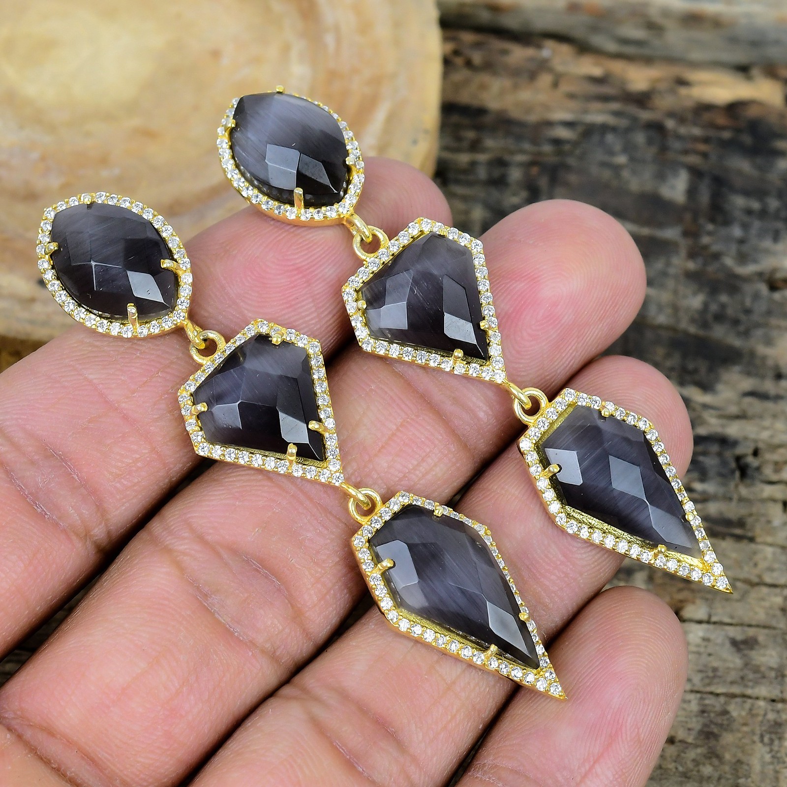 Black Monalisa Layered Earrings With CZ, 18K Gold Plated Gemstone