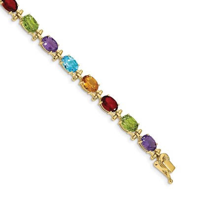 14k Yellow Gold Oval Cut Multicolor Gemstone Women Fancy Tennis Bracelet 7''