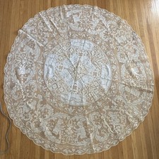 Antique Handmade Lace Tablecloth Ecru. 47  round circular net lace