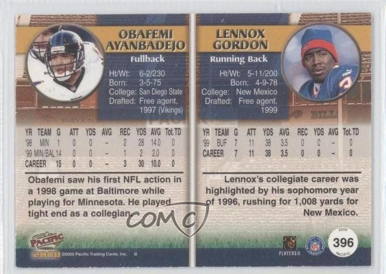 2000 Pacific Premiere Date Missing Serial Number Obafemi Ayanbadejo #396 - Image 2 of 2