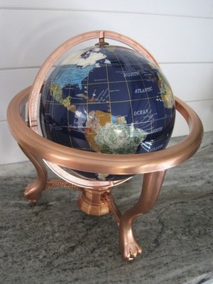 Copper 14'' World Globe in Semi Precious Inlaid Stone w Stand & Compass VGUC