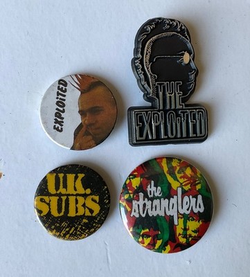 For sale 4 pin badges punk rock vintage music exploited uk subs the stranglers