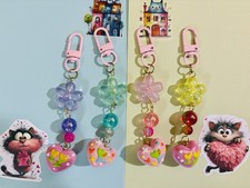 Pastel Heart Charm Keychains Cute Beaded Flower Dangles Choice of 4 Colors