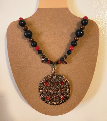 Handmade Necklace with Intricate Red Medallion Pendant in Bronze